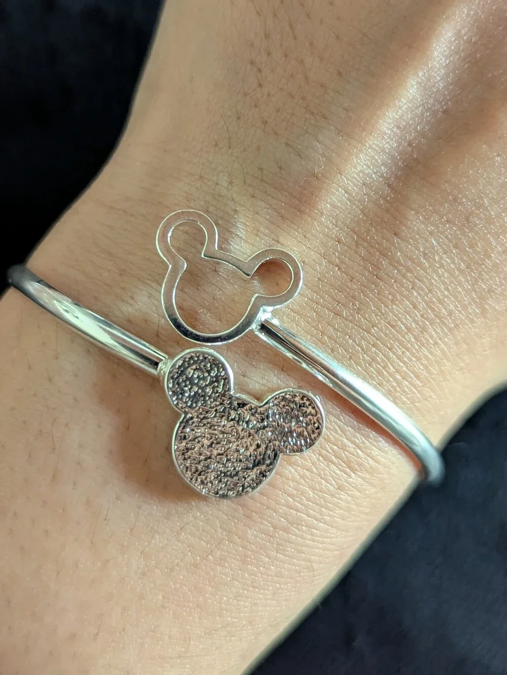 Silver Mickey Mouse-Style Open Cuff Bracelet Bangle Adjustable Jewelry